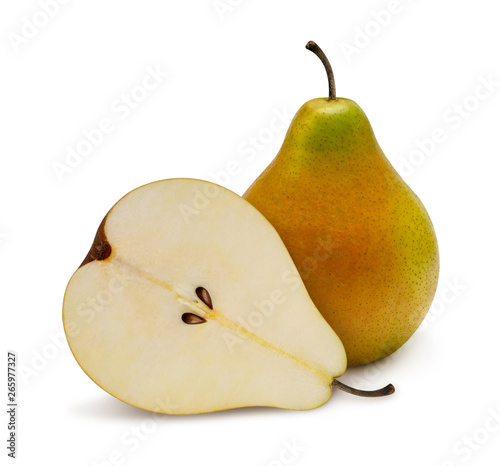 Pear whole and half isolated on white background. Top view, flat lay