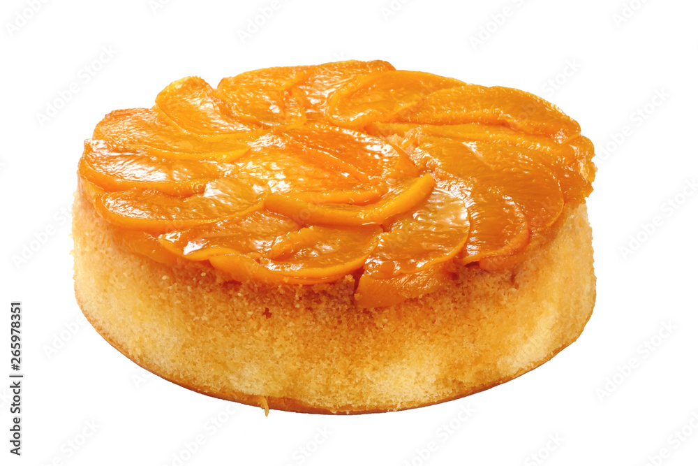 Still life photography of Peach cake isolated on white background with path, shooting in studio. Popular dessert served with hot drink. Clean food concept.