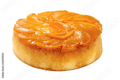 Still life photography of Peach cake isolated on white background with path, shooting in studio. Popular dessert served with hot drink. Clean food concept.
