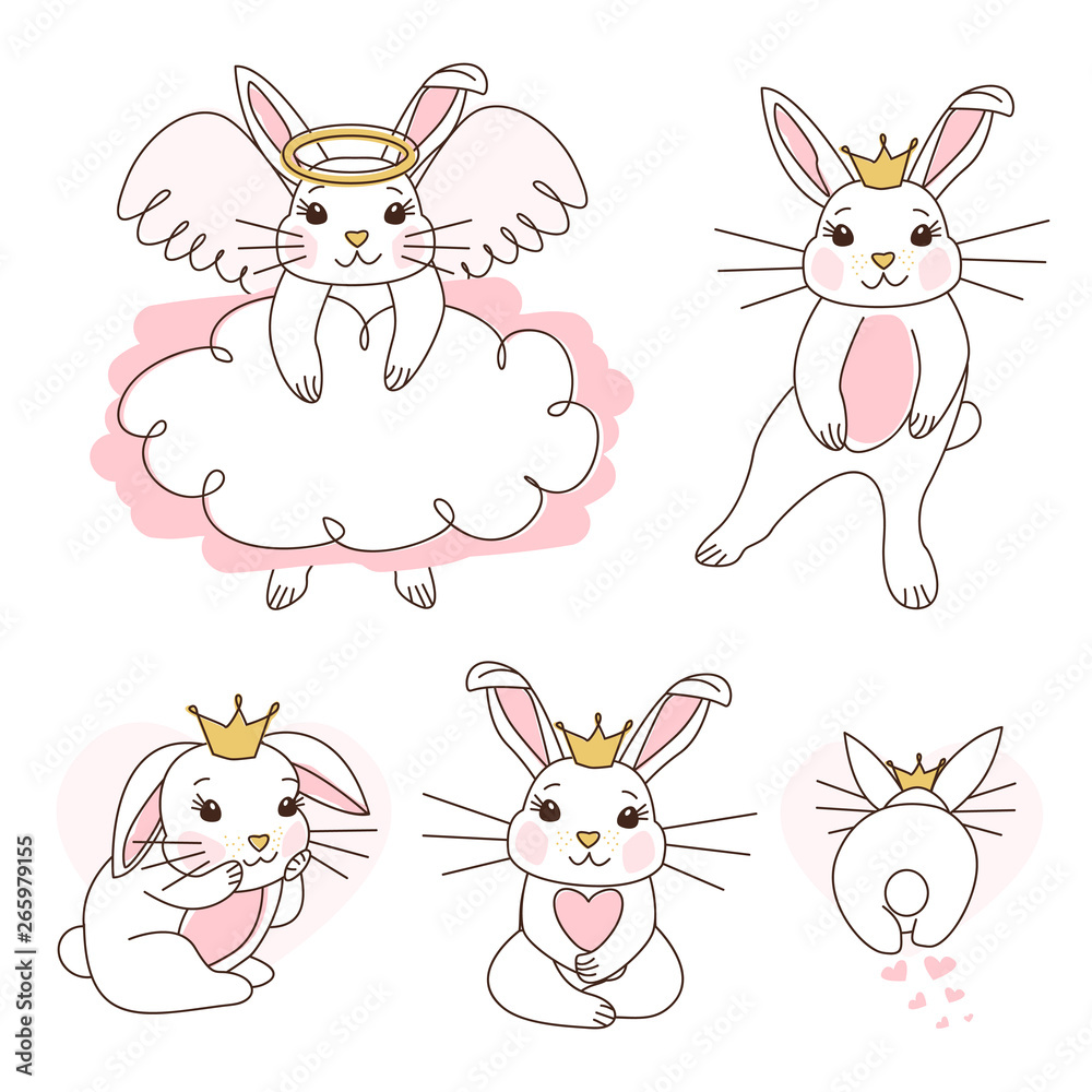 Cute white rabbit princess with golden crown, pink belly. Little girl dance, sit, first steps, scared, shy, do yoga. Vector illustration for invitation (baptism, birthday) t-shirt, doodle stickers