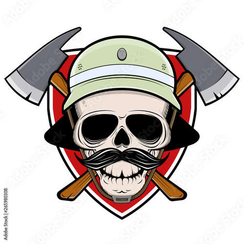 firefighter skull sign with shield helmet and axe