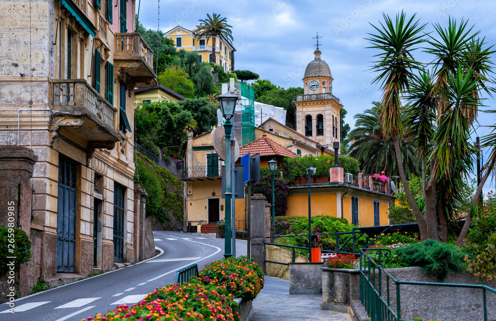 Amazing colorful houses, fantastic view of Portofino touristic village on Liguria coast, Italy, Europe. Postcard of Portofino. Travel and vacation concept.