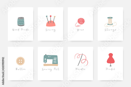 Sewing objects collection including sewing machine, needle, yarn, strings, button, model, needle pillow, thimble.