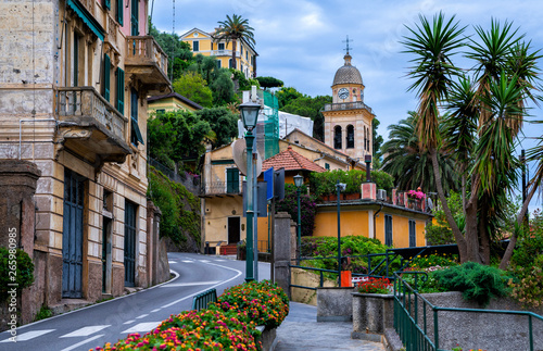 Amazing colorful houses, fantastic view of Portofino touristic village on Liguria coast, Italy, Europe. Postcard of Portofino. Travel and vacation concept.
