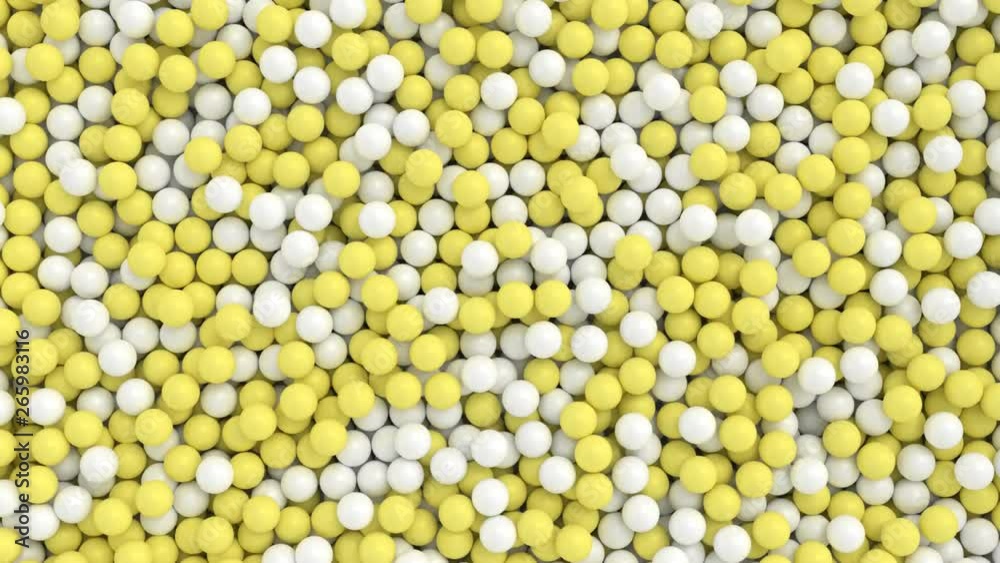 Animated top view and flying over pile of a lot of white and yellow ping pong or table tennis balls lying in large container or as if moving on conveyor belt. Animated top view and flying over pile of a lot of white and yellow ping pong or table tennis balls lying in large container or as if moving on conveyor belt.