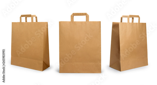 Folded paper bag with handle isolated on white background