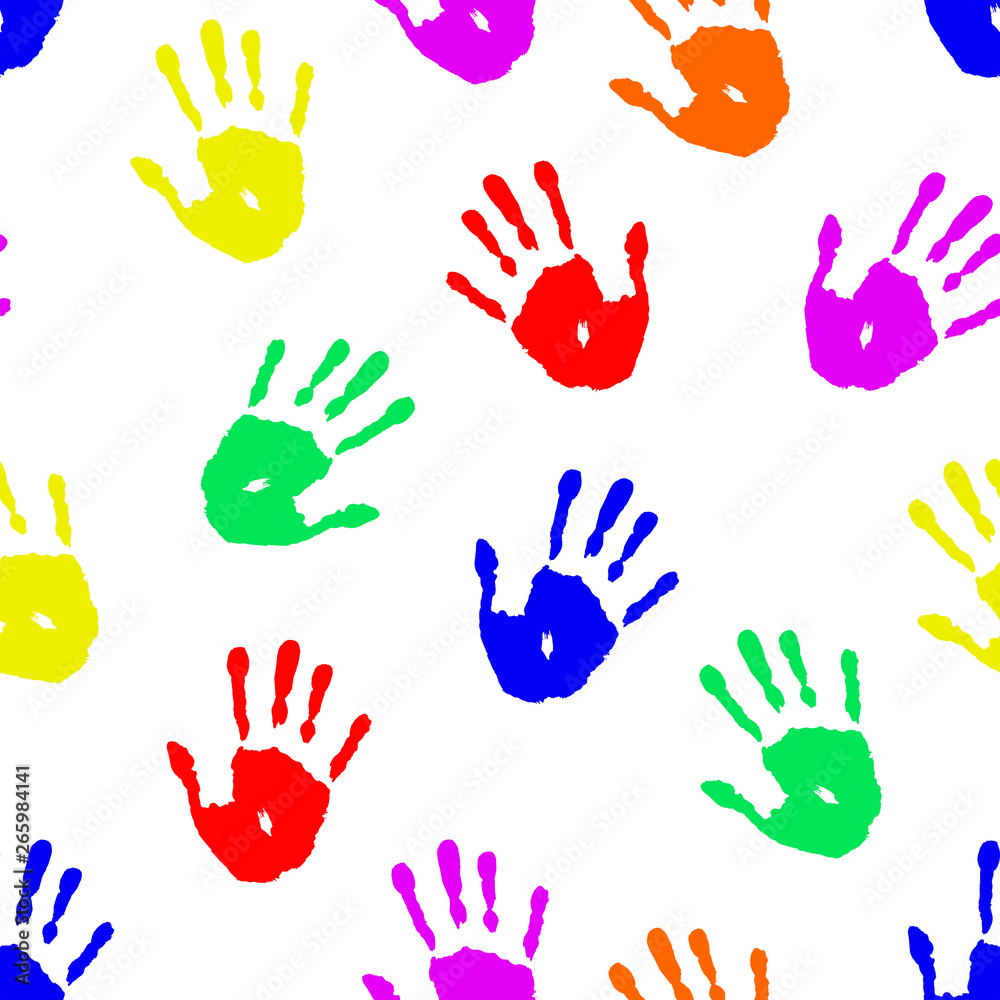 Fototapeta premium Child's handprints on white background. Seamless pattern with colorful imprints of kids hands for wallpaper