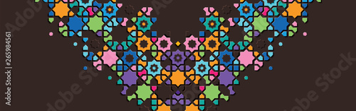 Arabic arabesque design greeting card for Ramadan Kareem, Islamic ornamental colorful detail of mosaic isolated on a dark background