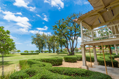 Palace Marukhathaiyawan on blue sky background in Cha-Am, Phetchaburi, Thailand photo