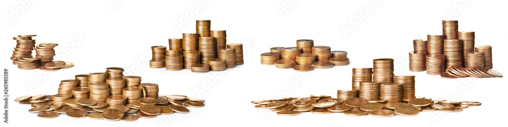 Stacks and piles of coins on white background Stacks and piles of coins on white background