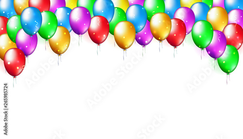 Holiday party background with colorful balloons. Balloon decoration. Multicolor balloons on a white background. Happy birthday card with place for text. Vector greeting card