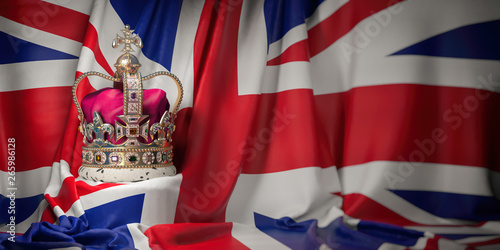 Royal golden crown with jewels on british  flag. Symbols of UK United Kingdom.