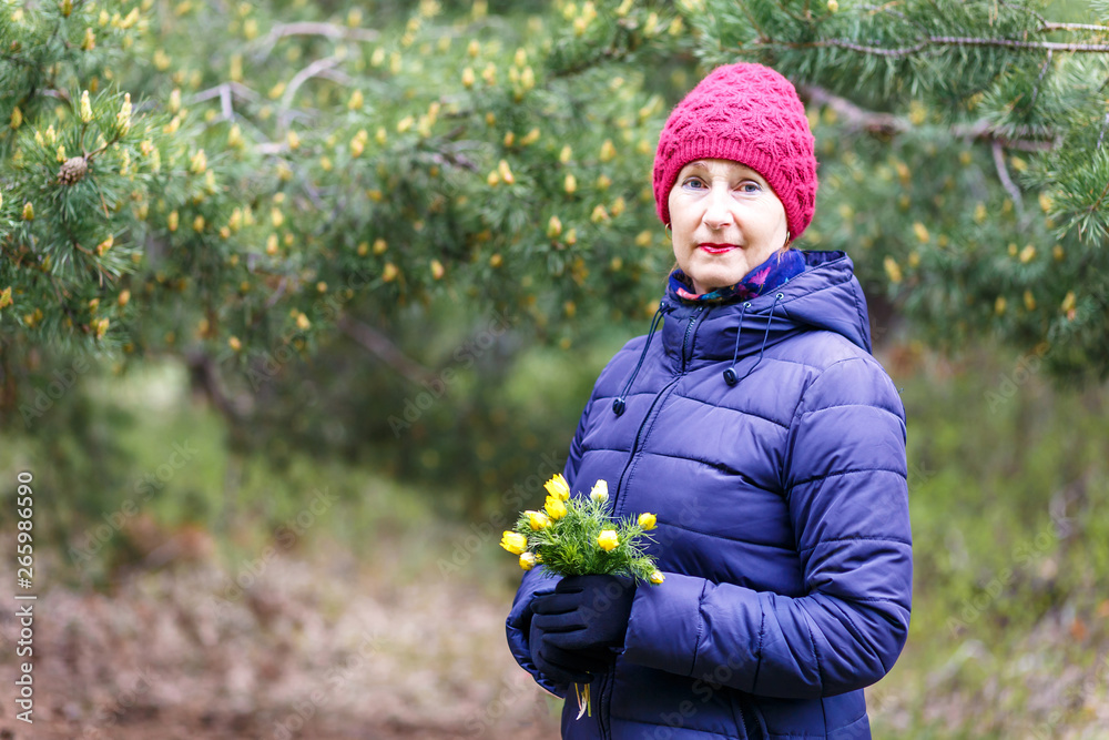 fifty-year-old woman in a down jacket and hat holds flowers Primroses