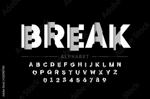 Damaged font design, alphabet letters and numbers