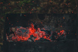 charcoal smolder in the iron grill. cooking picnic outdoors. sparks over the embers top view close up