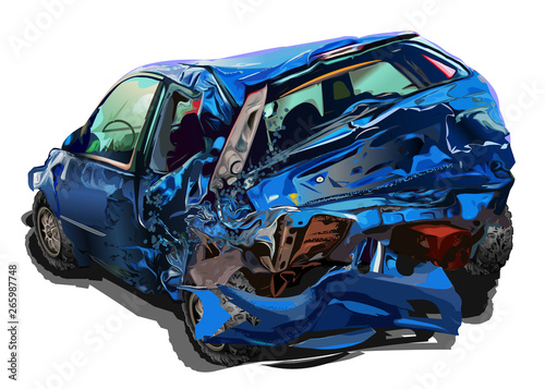 Broken blue car crash vector illustration realistic isolated on white background