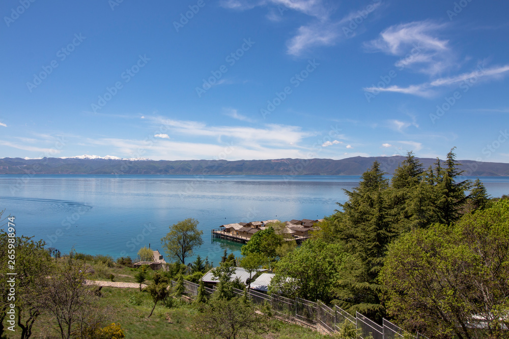 Landscape over the Gulf of Bones with pile houses. Ohrid Lake.
