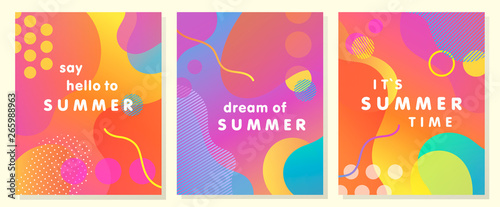 Unique artistic summer cards with bright gradient background,shapes and geometric elements in memphis style.Abstract design cards perfect for prints,flyers,banners,invitations,special offer and more.