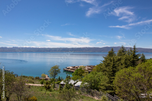 Landscape over the Gulf of Bones with pile houses. Ohrid Lake.