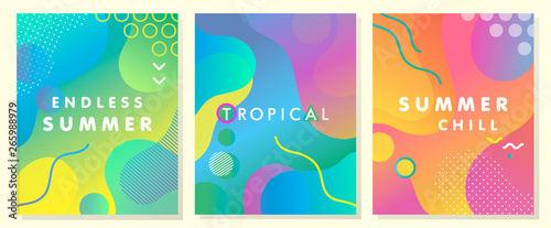 Unique artistic summer cards with bright gradient background,shapes and geometric elements in memphis style.Abstract design cards perfect for prints,flyers,banners,invitations,special offer and more.