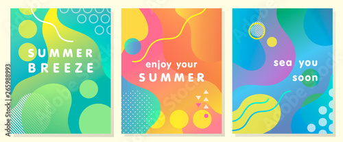 Unique artistic summer cards with bright gradient background,shapes and geometric elements in memphis style.Abstract design cards perfect for prints,flyers,banners,invitations,special offer and more.