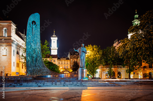 Monument to Taras Shevchenko in Lviv at night