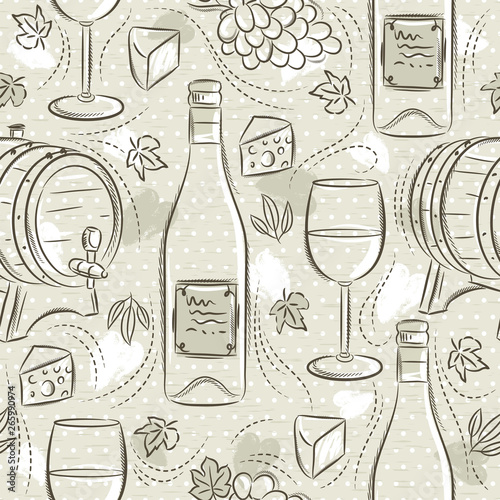 Beige seamless patterns with white wine set, cask, wineglass, barrel, grape and cheese. Ideal for printing onto fabric and paper or scrap booking.