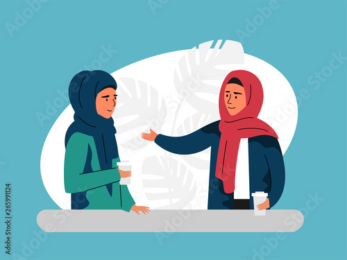 Muslim women coffee time. Daily life vector illustration