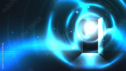 Light tunnel from open door of dark room, abstract mystical paranormal glowing exit. Light in the end of a tunnel. Portal to another world, alien universe. Open door template, sci-fi background