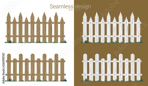 Seamless wooden fence in white and brown colors. Vector gate seamless cartoon pattern realistic illustration.