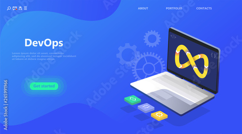 DevOps business landing page. Programmer, user administrator, professional engine concept. Flat isometric cartoon vector illustration. Laptop in programming development and operations concept