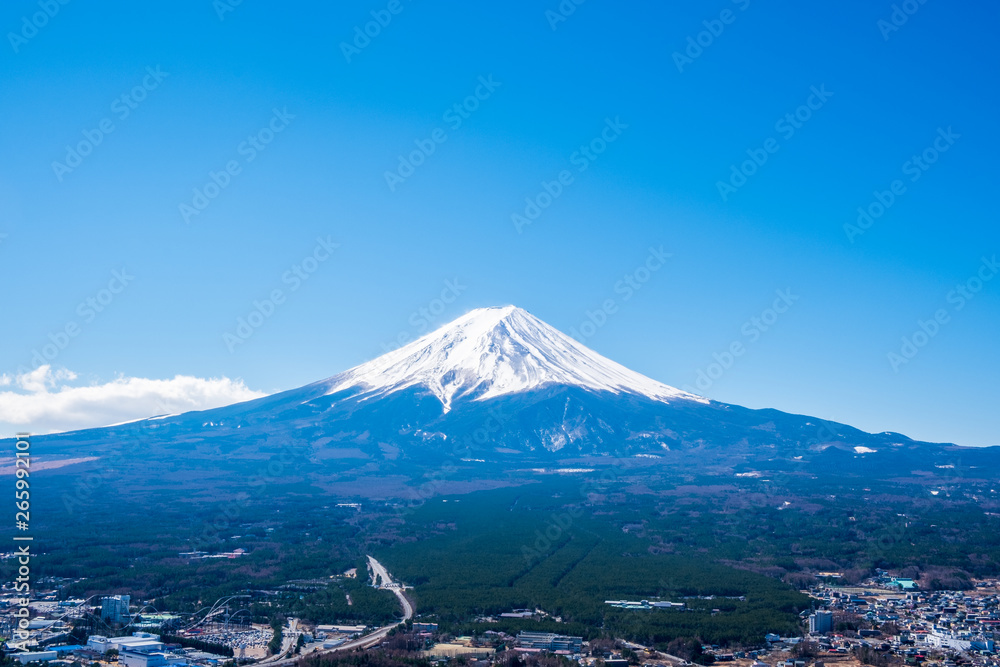 Mount Fuji view from Mt. Fuji Panorama Rope way, commonly called Fuji san in Japanese, Mount Fuji's exceptionally symmetrical cone, which is snow capped for about five months a year of Japan.