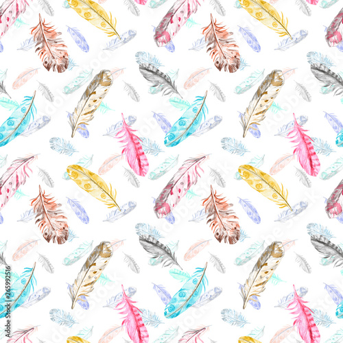 Watercolor boho seamless pattern with colorful bird feathers flying on white background. Hand drawn ethnic tribal illustration. © Anna Nekotangerine