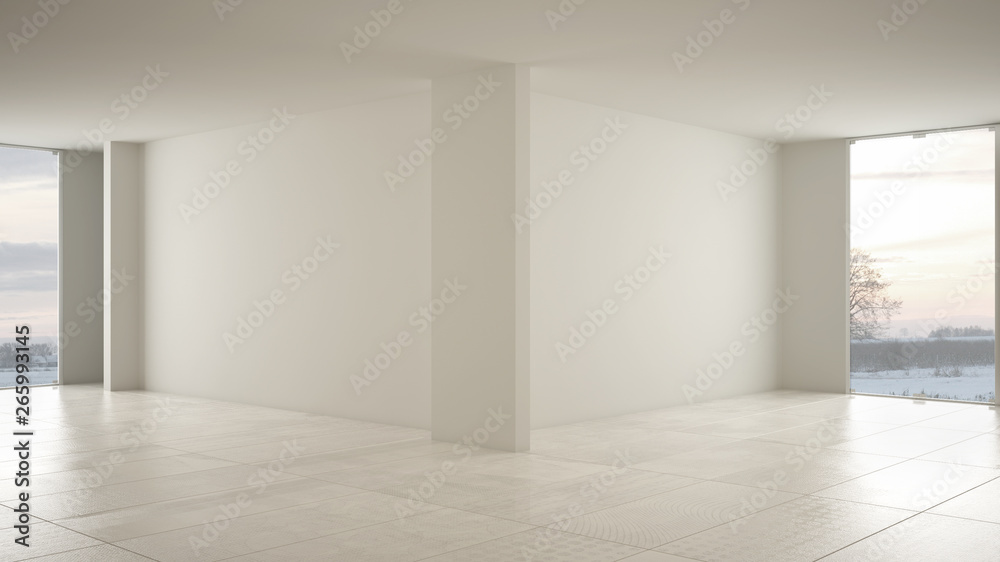 Empty room interior design, open space with big panoramic window on winter meadow with snow, cream marble tiles floor, modern contemporary architecture Empty room interior design, open space with big panoramic window on winter meadow with snow, cream marble tiles floor, modern contemporary architecture