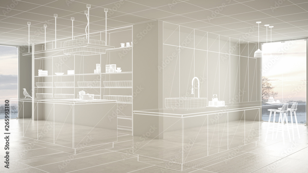 Empty white interior with white ceramic tiles floor, custom ...