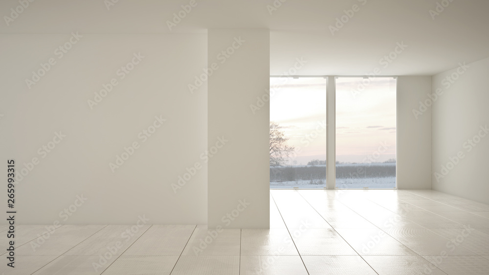 Empty room interior design, open space with big panoramic window on winter meadow with snow, cream marble tiles floor, modern contemporary architecture Empty room interior design, open space with big panoramic window on winter meadow with snow, cream marble tiles floor, modern contemporary architecture