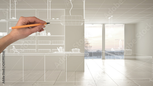 Foto Empty white interior with white ceramic marble tiles floor, hand drawing custom