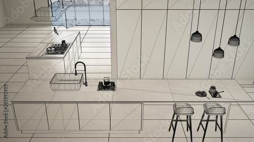 Empty white interior with white ceramic tiles floor  custom architecture design project  black ink sketch  blueprint showing modern kitchen  concept  mock-up  architect idea