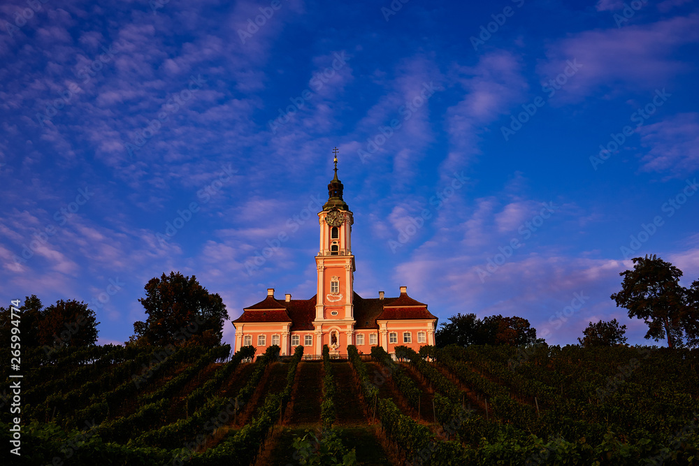 Basilica Birnau in the evening light amidst the vineyards