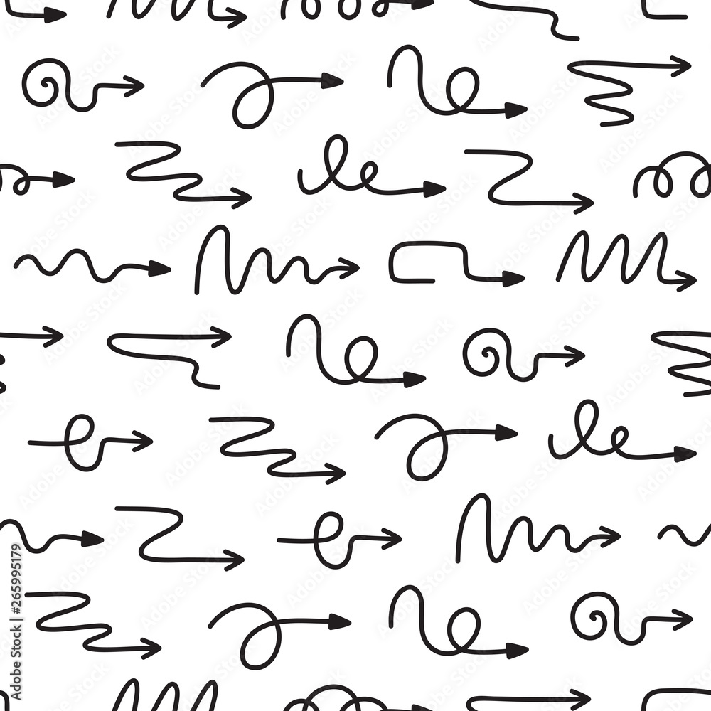 Curve Arrows Seamless Pattern. Doodle Arrow Icons Set Vector Background for Kids. Pointer Black and White Wallpaper Curve Arrows Seamless Pattern. Doodle Arrow Icons Set Vector Background for Kids. Pointer Black and White Wallpaper