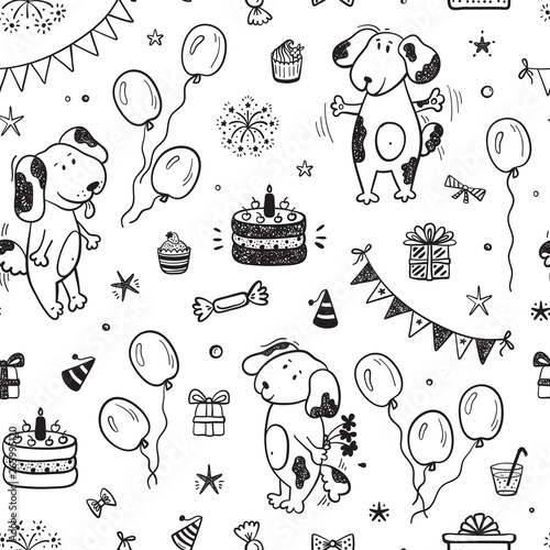 Birthday Party Seamless pattern with Cute Dogs. Happy Birthday Festive Background with Hand Drawn Doodle Funny Puppy, Birthday Cake, Sweets, Bunting Flag, Balloons, Gift Box and other Party Supplies. 
