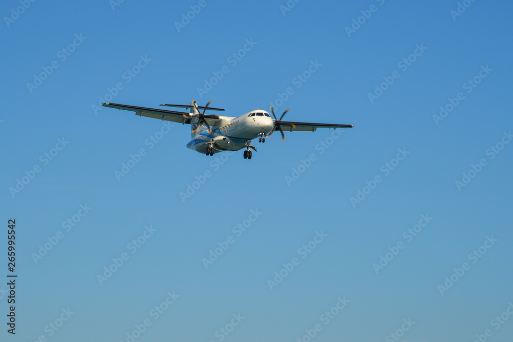 Airplane landing over the sand beach