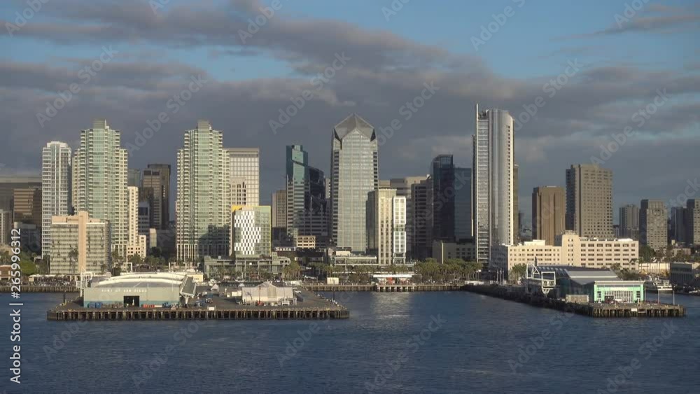 Pan across Port of San Diego skyline and harbor, California, USA Pan across Port of San Diego skyline and harbor, California, USA