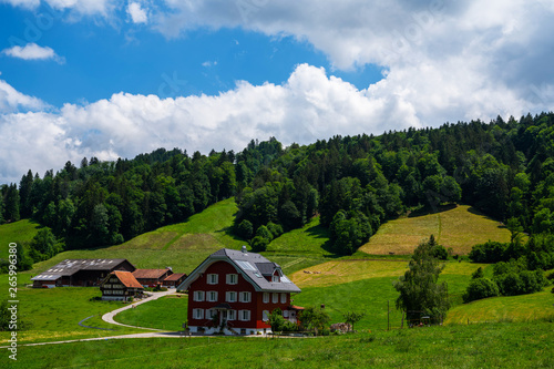 Colorful view of idyllic mountain scenery in the Alps with fresh green meadows on a beautiful day in summer. The UNESCO Biosphere reserve Entlebuch is the perfect slow-down hotspot near Lucerne.