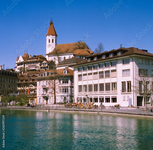 The skyline and the castle of Thun at the very beginning of spring, shot with analogue film photography