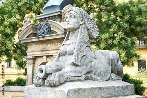 Sphinx statue along the Vltava river in Prague, Czech Republic
