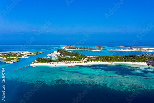 Aerial view, lagoon of Maldives island Olhuveli and Bodufinolhu or Fun Island Resort, South Male Atoll, Maldives