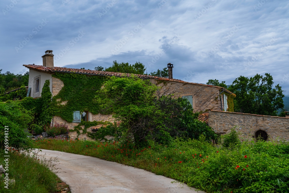The concept of ecological tourism. Old building with climber plants. Ecology and green living environment concept. Picturesque rural with summer landscape. Alpes-de-Haute-Provence, France.