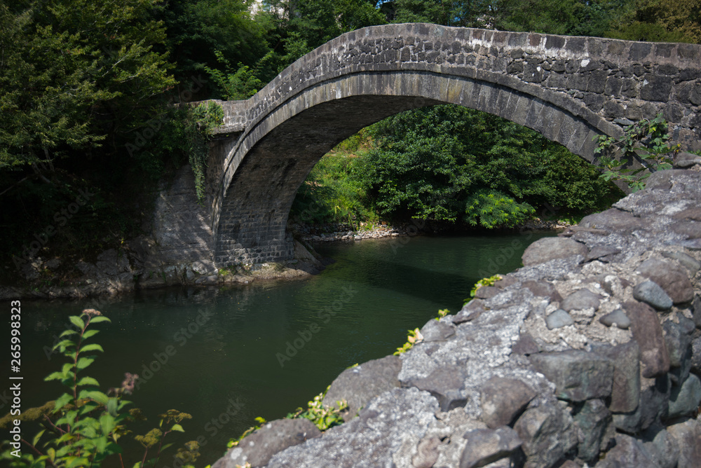 Old historic stone bridge over river.