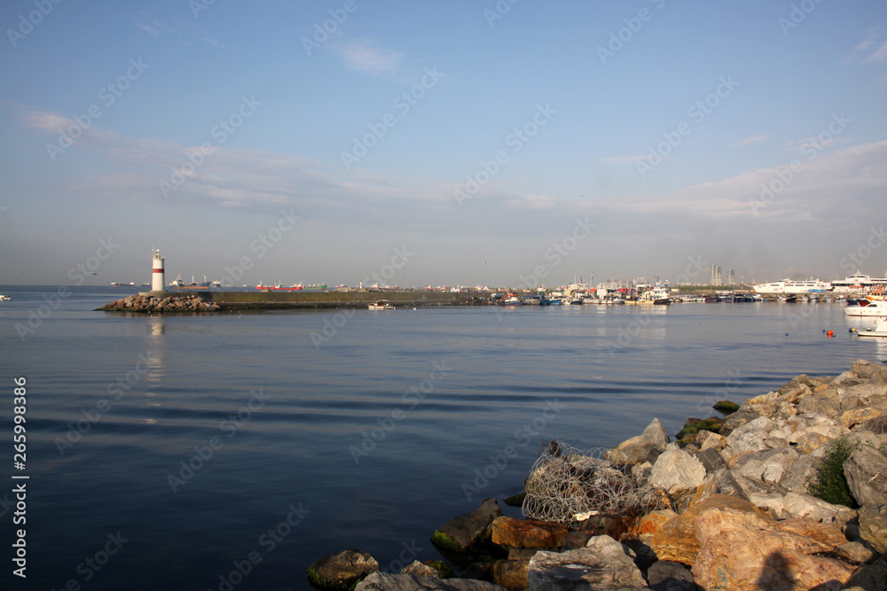 Bay in Istanbul. View of the lighthouse in the sea of Marmara. Tourism business concept.
